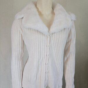 🤍 Vintage Ann Taylor Ivory Cashmere Sweater w/ Fur Collar